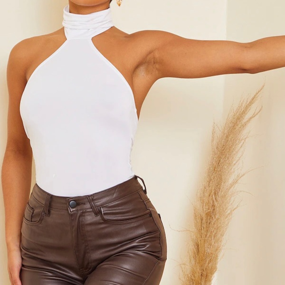 PLT: White Slinky High Neck Backless Bodysuit